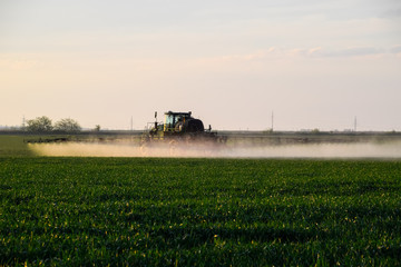 Fototapeta na wymiar tractor with the help of a sprayer sprays liquid fertilizers on young wheat in the field.