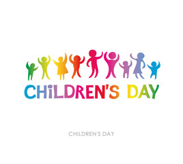 Children's Day. Bright multicolored flat design of social logo. Colorful silhouettes of joyful kids illustration to the International Children's Day. Vector inscription and funny kids.