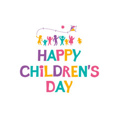 Happy Children's Day. Bright multicolored flat design of social logo. Colorful silhouettes of joyful playing kids illustration to the International Children's Day. Vector inscription and funny kids.