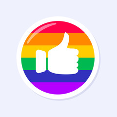 Thumbs Up Icon. LGBTQ+ related symbol in rainbow colors. Gay Pride.  Raibow Community Pride Month. Love, Freedom, Support, Peace Symbol. Flat Vector Design Isolated on White Background