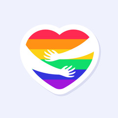 Two Hands Hugging a Heart. LGBTQ+ related symbol in rainbow colors. Gay Pride. Raibow Community Pride Month. Love, Freedom, Support, Peace Symbol. Flat Vector Design Isolated on White Background