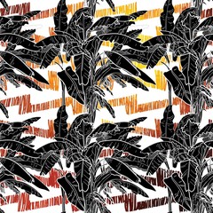 Seamless pattern with banana palm trees. Large leaves of tropical plants. Freehand drawing in vintage style. Tropics, summer.