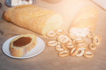 Food concept. Different type breads. Top view. Free space for text