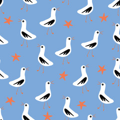 Seamless vector background with seagulls and starfish on the beach blue