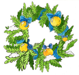 Watercolor Christmas wreath with coniferous branches