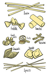 A set of different types of pasta in colored hand-drawing lines