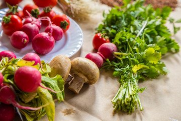 Healthy food background. Assortment of fresh vegetables on paper background