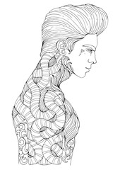 Vector in profile a serious man with long hairstyle. Pensive boy with a tattoo weave and with wriggling snake on a muscular naked torso. Pattern for coloring page A4 size.