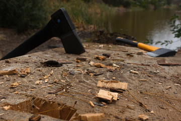 Axes on the pine tree stump