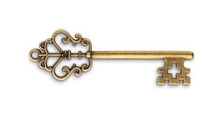 Vintage golden skeleton key isolated on white background