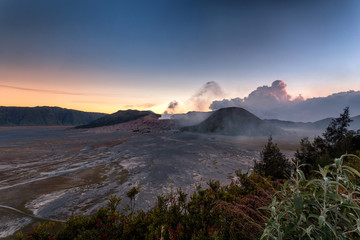 Beautiful view of mount Bromo and mount Batuk, Indonesia during the last light of sunset