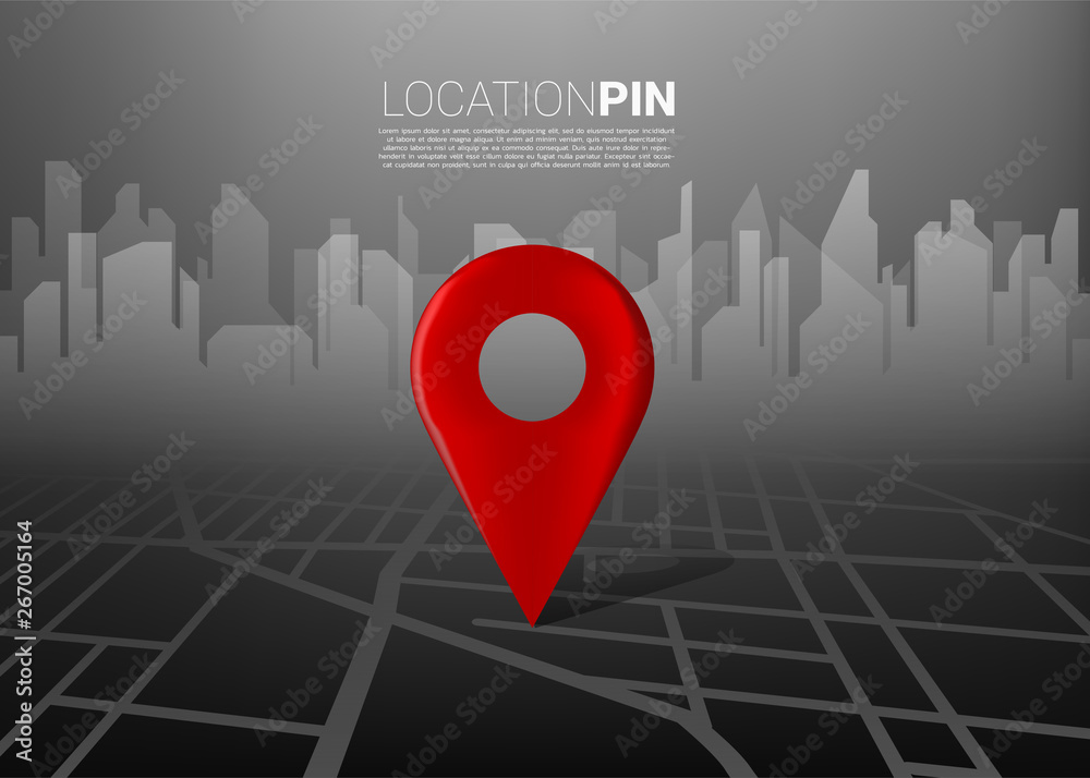 Aufkleber 3D location pin marker on city road map with building background. Concept for GPS navigation system infographic