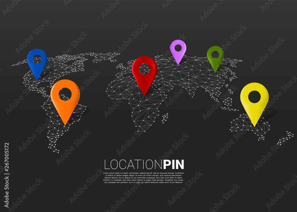 Aufkleber 3D location pin marker on dot connected line low polygon world map. Concept for GPS navigation system infographic .