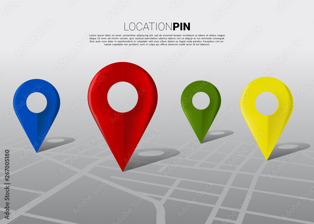 Poster 3D multi-color location pin marker on city road map. Concept for GPS navigation system infographic