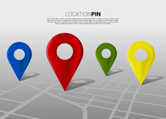 3D multi-color location pin marker on city road map. Concept for GPS navigation system infographic