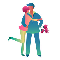 Hugs at a meeting of lovers, a woman hugs a man with a bouquet, a man brought flowers for a girlfriend. Young happy couple on a date over white background. Vector illustration, flat style.
