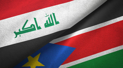 Naklejka premium Iraq and South Sudan two flags textile cloth, fabric texture