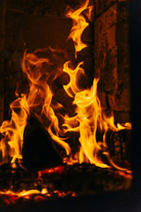 Close-up of fireplace with burning wood