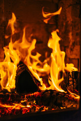 Close-up of fireplace with burning wood