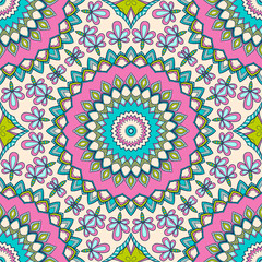 Decorative colorful ethnic seamless pattern for fabric or wrapping in oriental style. Hand drawn illustration
