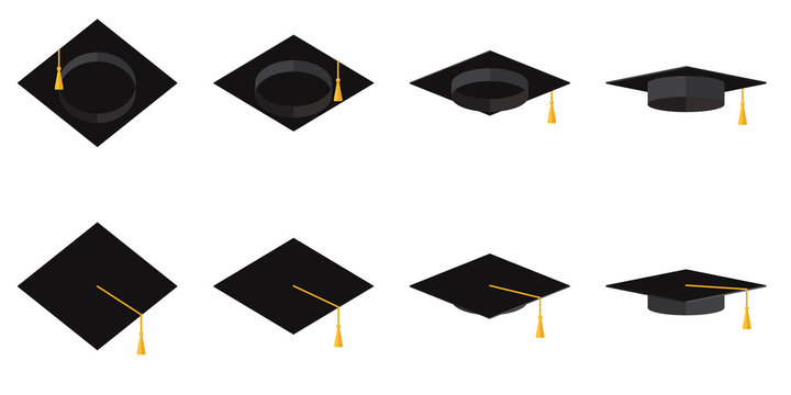 A set of academic cups with tassels in different angles Vector flat illustration