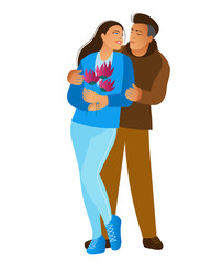 Man embraces woman from behind by the shoulders, the girl turns with a smile, presses a bouquet of flowers to her chest. Young happy couple together over white background. Vector illustration flat sty