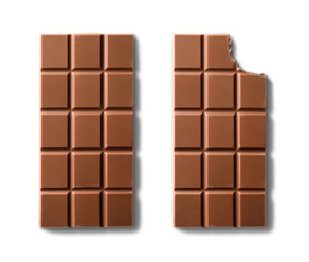Top view of milk chocolate bars . Isolated on white background