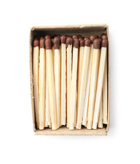 Cardboard box with matches on white background, top view