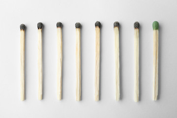Row of burnt matches and whole one on white background, top view. Uniqueness concept