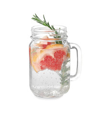 Fototapeta na wymiar Mason jar of infused water with grapefruit slices isolated on white