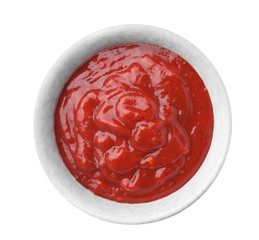 Bowl with red sauce isolated on white, top view