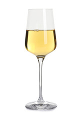 Glass of delicious expensive wine on white background