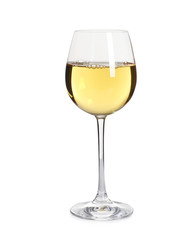 Glass of delicious expensive wine on white background