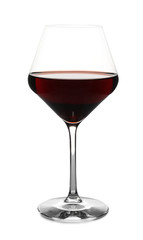 Glass of delicious expensive red wine on white background