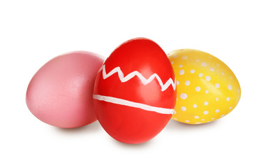 Bright painted Easter eggs on white background