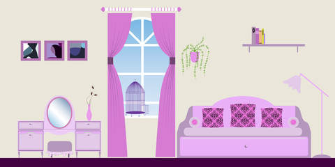 Children's Room Interior for Girl - Cozy Atmosphere of Shabby Chic - Vector Illustration in Pink Tones