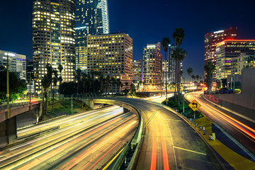 Fototapeta na wymiar Downtown Los Angeles at night with car traffic light trails