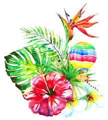 beautiful tropical palm leaves and flowers, watercolor