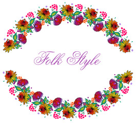 Folksy Floral Ornament - Magyar Folk Style Fashion Garland - Vector Oval Vignette