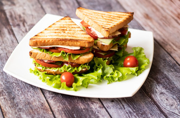 Sandwich with cheese, tomato, cucumber, sausage and salad on wooden background. Horizontal orientation