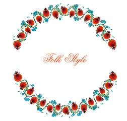 Folksy Round Wreath - Magyar Folk Style Flower Garland - Vector Round Vignette