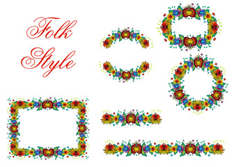 Set of Folksy Floral Ornaments - Russian Folk Fashion Garland - Vector Vignettes