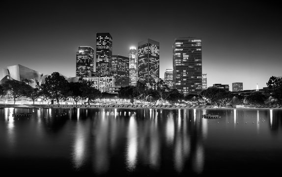 Black and white photo of downtown Los Angeles at night