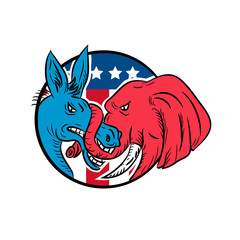 Drawing sketch style illustration of a Republican donkey biting a Democrat elephant fighting with USA American stars and stripes flag set inside circle on isolated white background.