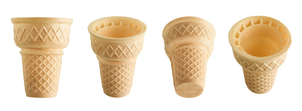 Collection Of Empty Ice Cream Cones Isolated On White Background