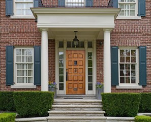 front of elegantly landscaped house with stone steps and portico over wooden front door