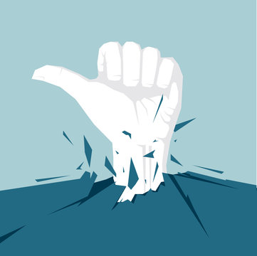 The hand breaks the ground. Isolated on blue background.