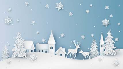 Winter landscape of snowy countryside and deer. Merry Christmas and Happy New Year. paper cut and craft design. vector, illustration.