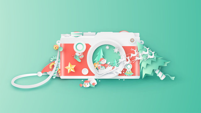 Illustration of creative design for Christmas with decorations inside compact camera lens. Graphic design for Christmas. Compact camera design for Christmas. paper cut and craft design. vector.