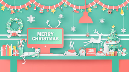 Workplace design for Christmas season decorated with Christmas ornaments and lettering Merry Christmas on monitor. Desk on Christmas season. paper cut and craft style. vector, illustration.